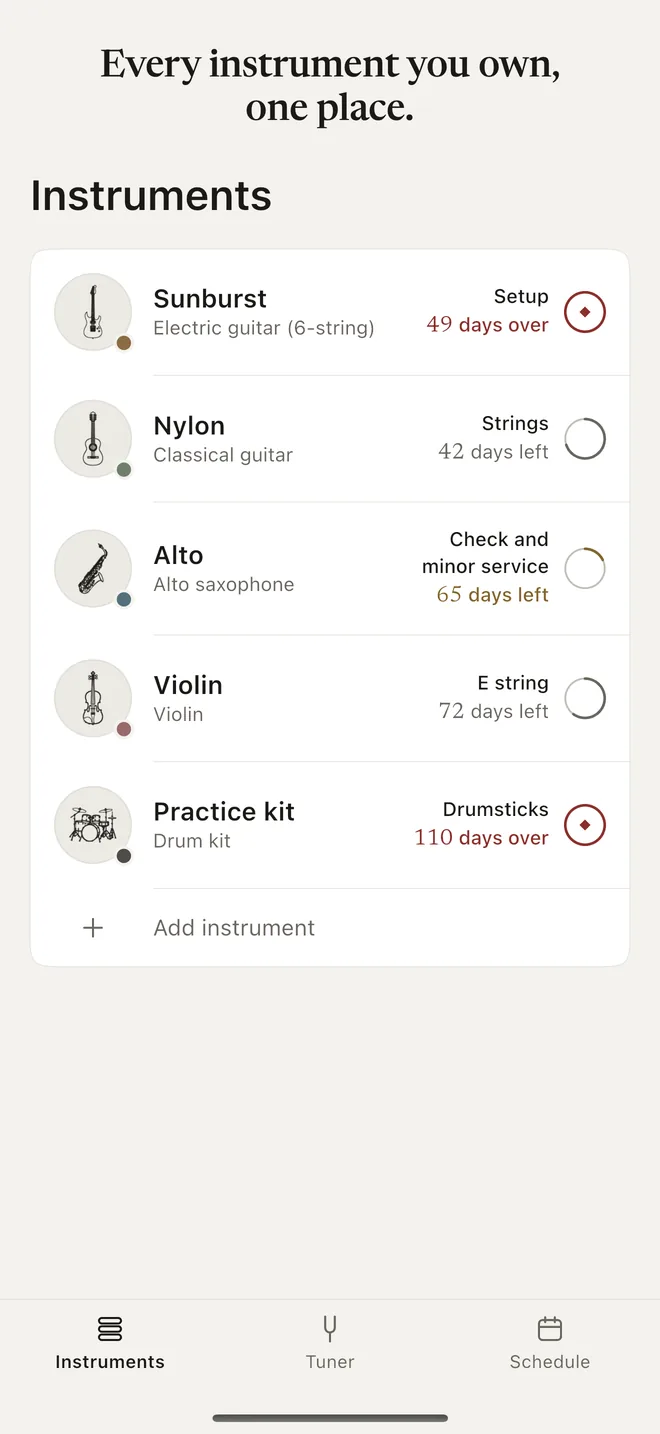 Instrument rack listing an electric guitar, a classical guitar, an alto saxophone, a violin and a drum kit, each with its next care item and days left