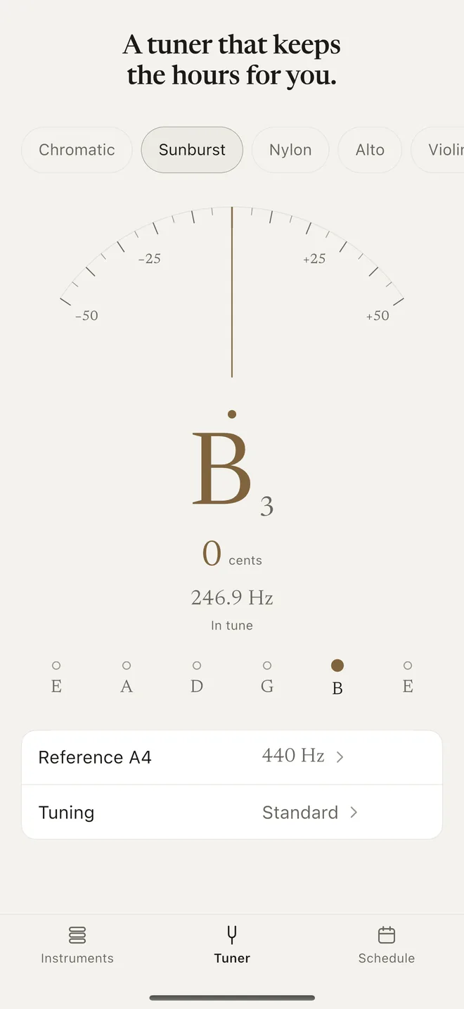 Tuner with a needle meter showing B3, 246.9 Hz, 0 cents