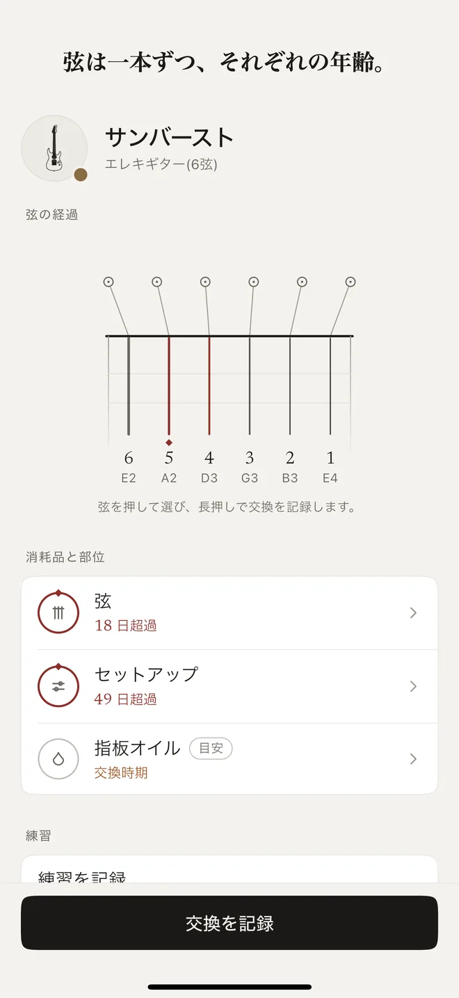 弦の経過マップ。6 本の弦が縦の細線で描かれ、古い弦ほど状態の色に寄っている