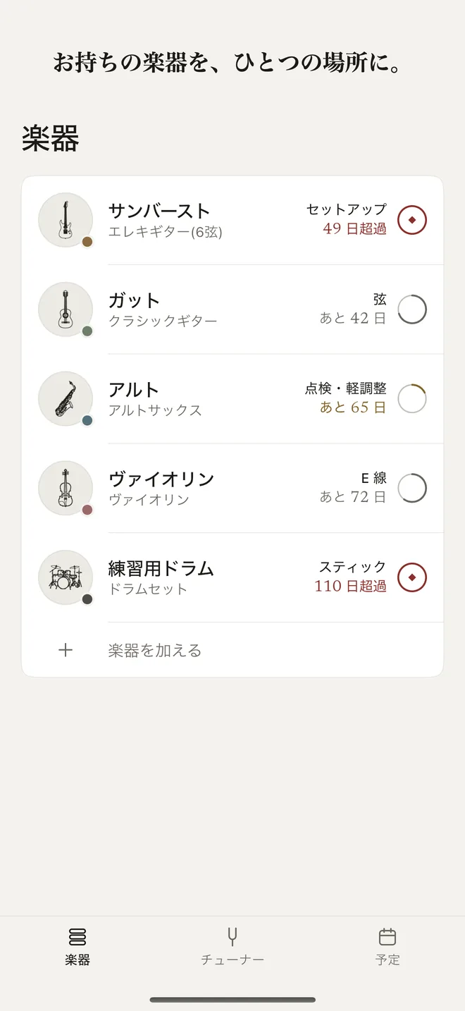 楽器ラック。エレキギター、クラシックギター、アルトサックス、ヴァイオリン、ドラムが並び、それぞれの次の手入れと残り日数が見える